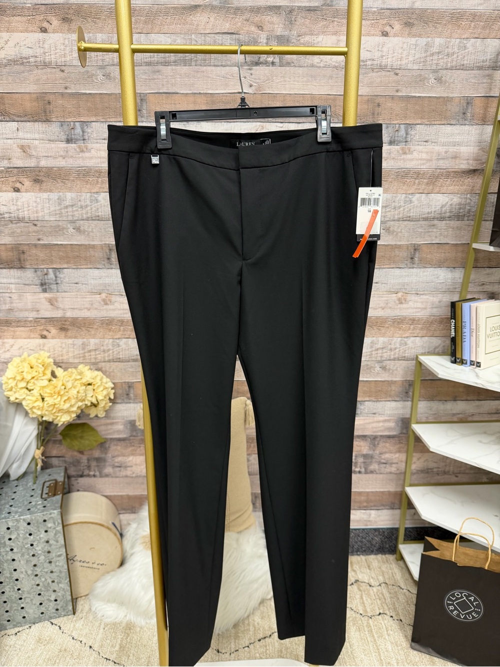 Lauren Black Dress Pant Flat Front w/ Small Silver Logo Charm NWT